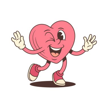 Moda tarzında oyuncu bir çizgi film karakteri. Göz kırpan pembe bir kalp maskotu yürüyor ve el sallıyor. Bir tebrik kartı ya da parti davetiyesi için harika bir vektör illüstrasyonu. Neşeli maskot.