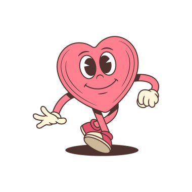 Moda tarzında komik bir çizgi film karakteri. Yüzünde neşeli bir gülümsemeyle yürüyen pembe bir kalp maskotu. Sevgililer Günü tebriği ya da güzel bir çıkartma için harika bir vektör çizimi. Şirin maskot.