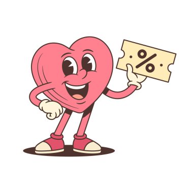 Retro karikatür kalp karakteri maskotu indirim kuponu tutuyor. Satışlar ve Sevgililer Günü için komik vektör çizimi. Neşeli bir ifade ve neşeli bir pozla klasik komedi tarzı sanat