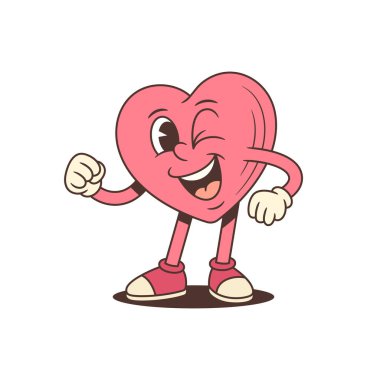 Retro karikatür kalp karakteri maskotu göz kırpıyor ve gücünü gösteriyor. Motivasyon, başarı veya pozitif titreşimler için mutlu bir vektör çizimi. Neşeli bir ruh hali için komik bir komedi tarzı.