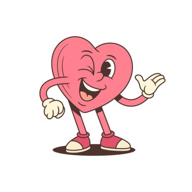 Retro karikatür kalp karakteri maskotu göz kırpıyor ve sunuyor. Neşeli bir selamlama için harika bir vektör çizimi. Çekici ve dostane bir hava için komik, klasik bir sanat eseri.
