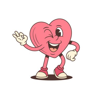 Retro karikatür kalp karakteri maskotu göz kırpar ve tamam işareti gösterir. Olumlu bir tema için harika bir vektör çizimi. Neşeli ve mutlu bir ortam için komik, klasik bir sanat eseri.