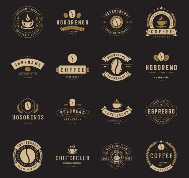 Coffee Shop logo, rozetleri ve etiket tasarım öğeleri kümesi