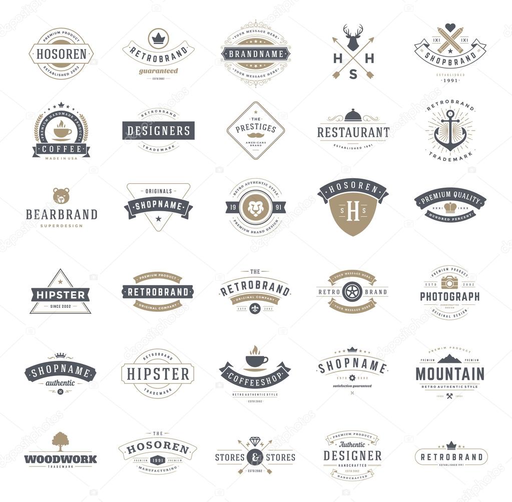 Retro Vintage Logotypes or insignias set. Vector design elements, business signs, logos, identity, labels, badges, ribbons, stickers and other branding objects