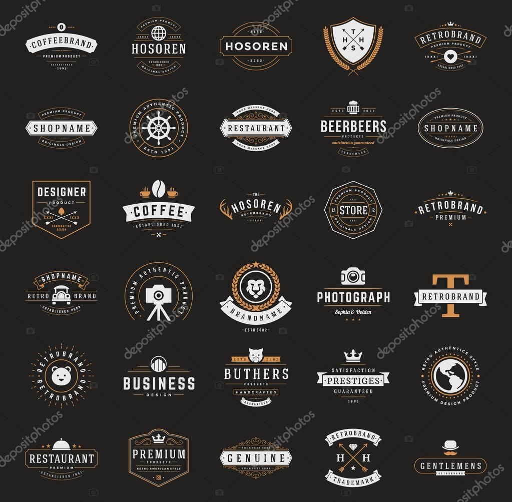 Retro Vintage Logotypes or insignias set. Vector design elements, business signs, logos, identity, labels, badges, ribbons, stickers and other branding objects