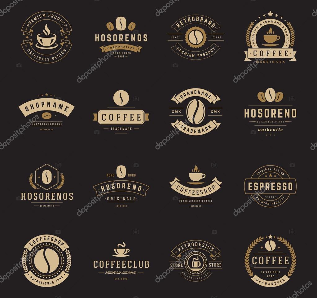 Coffee Shop Logos, Badges and Labels Design Elements set. Cup, beans, cafe vintage style objects retro vector illustration