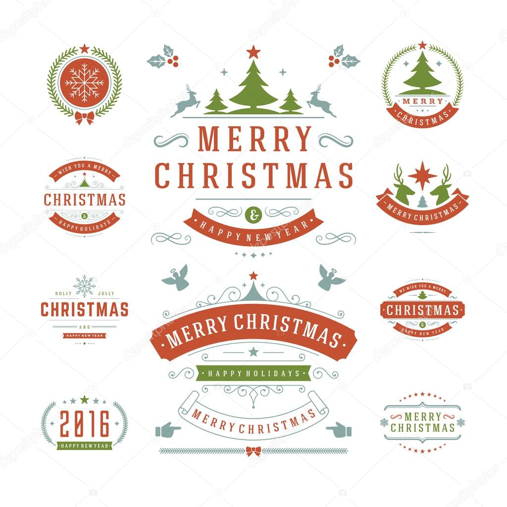 Christmas Labels and Badges Vector Design. Decorations elements, Symbols, Icons, Frames, Ornaments and Ribbons, set. Typographic Merry Christmas and Happy Holidays wishes