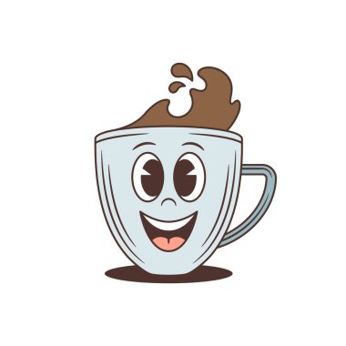 Büyük, neşeli gözleri olan klasik çizgi film karakteri kahve fincanı karakteri. Bir kafe için mükemmel bir maskot. Klasik bir çizgi roman, karalama hissi ile eğlenceli sıcak içecek vektör çizimi. Eğlenceli ve enerjik.