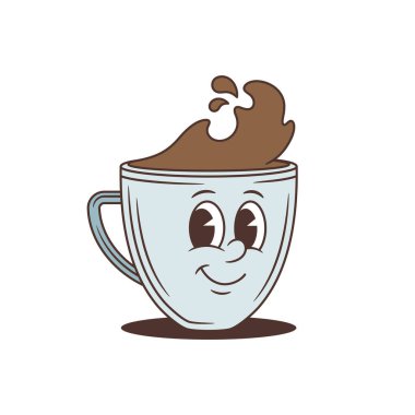 Sinsice gülümseyen kahve fincanı karakteri. Kahve markası için ideal bir maskot. Klasik retro sıcak içecek vektör çizimi. Kahveli komik karalama tarzı bir sanat.