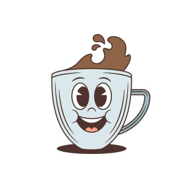 Tombul yanakları ve dostane bir gülümsemesi olan neşeli bir çizgi film karakteri. Kafe ya da kahve markası için mükemmel bir maskot. Klasik bir retro sıcak içecek vektör çizimi. Eğlenceli karalama sanatı