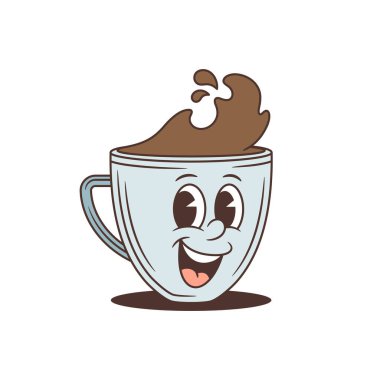 Neşeli gülümseyen çizgi film kahve fincanı karakteri. Bir kafe ya da marka için mükemmel bir maskot. Retro karikatür tarzı sıcak içecek vektör çizimi ve büyük bir kahve serpiştirme. Neşeli enerjik karalama sanatı