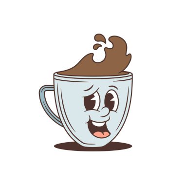 Utangaç, gülümseyen bir çizgi film karakteri. Kahve markası ya da kafe için mükemmel bir maskot. Klasik retro sıcak içecek vektör çizimi. Eğlenceli kahve serpiştirilmiş eğlenceli karalama sanatı