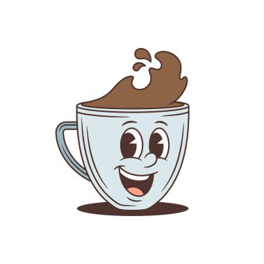 Mutlu gülümseyen çizgi film kahve fincanı karakteri. Kahve dükkanı ya da marka için harika bir maskot. Retro çizgi roman tarzı sıcak içecek vektör çizimi. Neşeli karalama sanatı, büyük bir kahve sıçraması ve mutlu bir yüz.