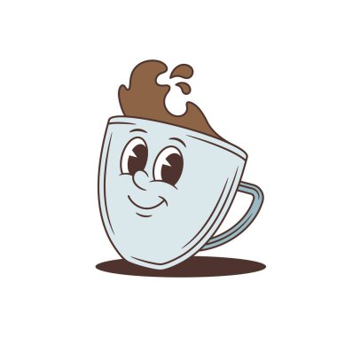Arkadaşça gülümseyen çizgi film karakteri. Bir kafe veya marka için mükemmel bir maskot. Retro çizgi roman tarzı sıcak içecek vektör çizimi. Kahveli ve mutlu yüzlü oyuncu karalama sanatı