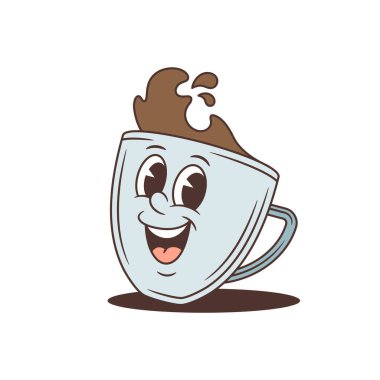 Eski bir çizgi film dizaynı olan neşeli bir kahve fincanı karakteri. Gülümseyen neşeli bir maskot ve sıcak bir içecek. Münferit bir vektör illüstrasyonu, kafe logosu veya vintage tarzı menü için ideal