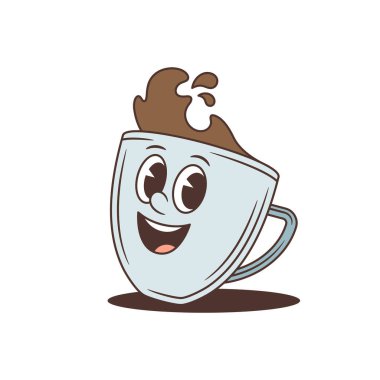 Eski bir çizgi film tarzında neşeli bir kahve kupası maskotu. Gülümseyen, sıcak bir içecek sıçratan mutlu bir karakter. Münferit bir vektör çizimi, kafe markalaşması ya da eğlenceli bir çıkartma için harika.