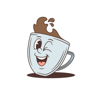 Klasik çizgi film tarzında göz kırpan bir kahve fincanı karakteri. Dost canlısı bir göz kırpma ve sıcak bir içecek ile oyuncu bir maskot. Eğlenceli, izole bir vektör çizimi, kahve dükkanı logosu için mükemmel.