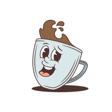 Klasik çizgi film tarzında dost canlısı bir kahve fincanı maskotu. Tatlı bir gülümsemesi ve sıcak bir içeceği olan utangaç bir karakter. Münferit bir vektör çizimi, kafe logosu veya marka kimliği için mükemmel