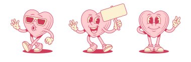 Çizgi roman karakteri, pembe karikatür, sevgililer günü seti, düz vektör çizimi. Aşk minimalist maskotu gibi gülümseyen, güneş gözlüklü, barış işaretli, olumlu duygu.
