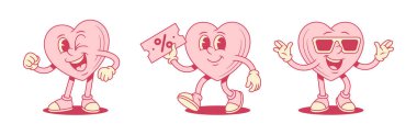 Mutlu pembe kalp çizgi film karakteri funky formlu vektör düz çizim. Sevgililer günü kartı gibi gülümseyen minimalist maskot güneş gözlüğü alışverişinde indirim yaparken göz kırptı.