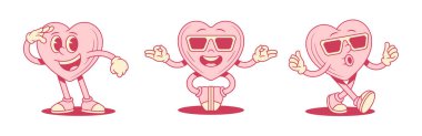 Gülen pembe kalp karikatür seti çizgi romanı düz vektör çizimi. Sevgililer günü kartı, güneş gözlüklü minimalist maskot yoga meditasyonu, ileri doğru yürüme.