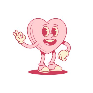 Çizgi roman pembe kalp çizgi film karakteri Tamam jest vektör düz çizim. Sevgililer günü gibi gülümsüyor. Minimalist maskot. Onaylanmış iyi bir jest.