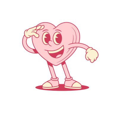 Mutlu pembe kalp çizgi film karakteri, düz çizim vektörünü dört gözle bekliyor. Sevgililer Günü aşkı gibi gülümseyen minimalist maskot pozitif bir kişilik arıyor.