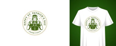 Aziz Patrik Günü tasarımı, elinde bira bardaklarıyla karşılıyor. Tişört baskı şablonu. Şenlikli kutlama ve bar partisi için İrlanda bayramı klasik rozet vektör ilüstrasyonu