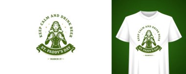 Aziz Patrick Günü 'nde Leprikon karakterli kız alıntısı. Tişört baskı şablonu. Şenlikli kutlama ve bar partisi için İrlanda bayramı klasik rozet temsilciliği