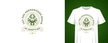 Aziz Patrick Günü 'nde güzel bir kız ve bira bardaklarıyla karşılandı. Bırak maskaralık başlasın. Tişört baskı şablonu. İrlanda bayramı klasik bar partisi için vektör illüstrasyonuName