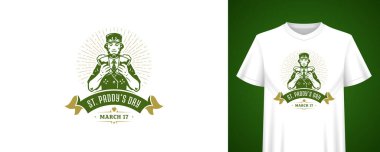 Leprikon kostümlü bir adamla Aziz Paddy Günü şenlik tasarımı. 17 Mart bayram kutlaması. Tişört baskı şablonu. İrlanda parti etkinliği için klasik geçmişe dönük vektör illüstrasyonu