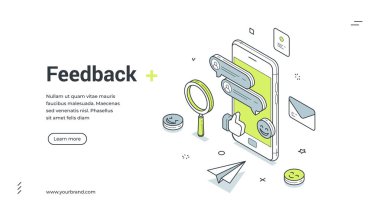 Müşteri geribildirimi için web pankartı. Çevrimiçi servisin Isometric vektör illüstrasyonu. Akıllı telefonlu bir iniş sayfası için modern şablon, sohbet baloncukları, gülümseme ve büyütme simgeleri gibi
