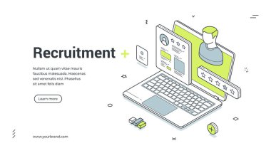 Çevrimiçi eleman alma için internet afişi. İşe alım sürecinin Isometric vektör illüstrasyonu. Bir dizüstü bilgisayar, CV ve aday profil simgeleriyle insan kaynakları iniş sayfası için modern şablon