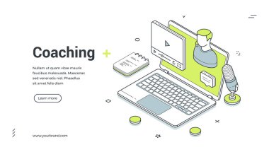 Çevrimiçi koçluk ve e-öğrenme için internet afişi. Isometric vektör illüstrasyon iş eğitimi. İniş sayfası için modern şablon, laptop, mikrofon, webinar için video oynatıcı