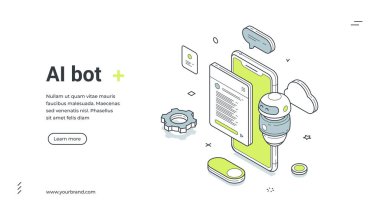 Yapay zeka robotu ve sohbet robotu servisi için internet afişi. Bir robot asistanın iztrik vektör çizimi. Akıllı telefon, bulut ve teçhizatlı bir iniş sayfası için modern şablon müşteri destek teknolojisi