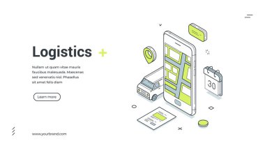 Lojistik web pankartı. Çevrimiçi takip için haritası olan bir akıllı telefonun Isometric vektör çizimi. Teslimat hizmetleri, kargo taşımacılığı ve ulaşım hakkında modern bir şablon