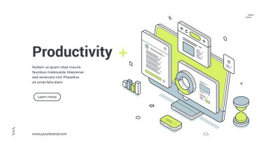 Üretkenlik web pankartı. İş akışı yönetimi üzerine bir iniş sayfası için Isome şablonu. Bilgisayarlı vektör çizimi, çizelgeler, kum saati. İş verimliliği ve zaman optimizasyonu kavramları için