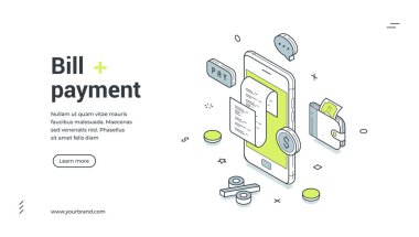 Fatura ödeme web afişi. Çevrimiçi finans ve e-ödeme sayfası için Isometric şablonu. Akıllı telefon, cüzdan, mali işlemler makbuzu ve bankacılık hizmeti ile vektör illüstrasyonuName