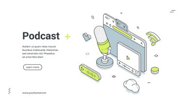 Podcast web pankartı. Ses yayını ve yayın üzerine bir iniş sayfası için Isometric şablonu. Mikrofon, tarayıcı, çevrimiçi radyo ve ortam içeriği için oyuncu illüstrasyonu