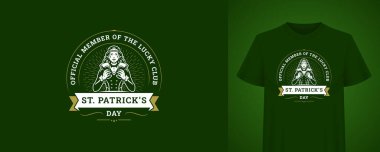 Aziz Patrick Günü tasarımı. Dişi bir leprikonla. Lucky Club Üyesi 'nden alıntı. İrlanda bayramı kutlaması. Kutlama için klasik monokrom rozet vektör çizimi şablonu