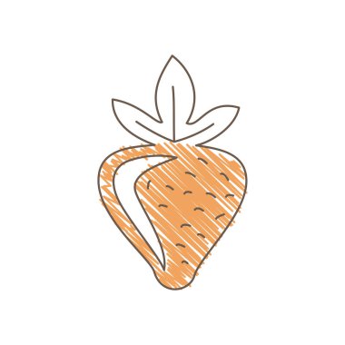 Açık turuncu renkli bir çilek, küçük tohumlar ve basit yapraklar üst minimalist çizimde dağınık çizgiler ve sıcak yaz tonları çizimi çizimi çizimi.