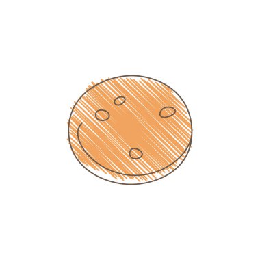 Düzensiz kenarları olan oval bir kurabiye ve içinde sıcak kahverengi gölgeleme ve yumuşak karalama tarzı çizim ve ince çizgi çizgileri olan ince çizgili sanat çizimi içeren küçük çikolata parçalı çizimler.