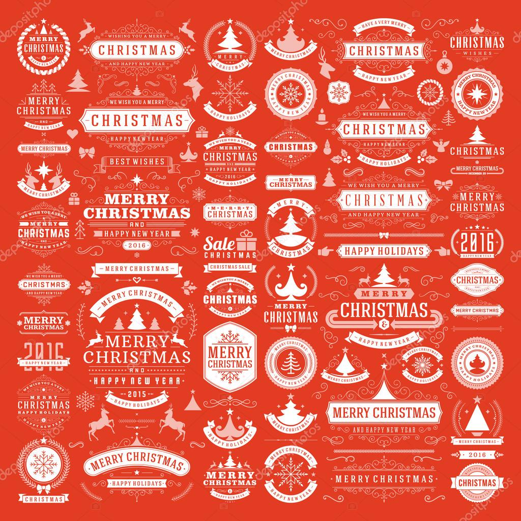 Christmas decorations vector design elements. Typographic messages, vintage labels, frames ribbons, badges logos, ornaments set. Flourishes calligraphic. Big Collection