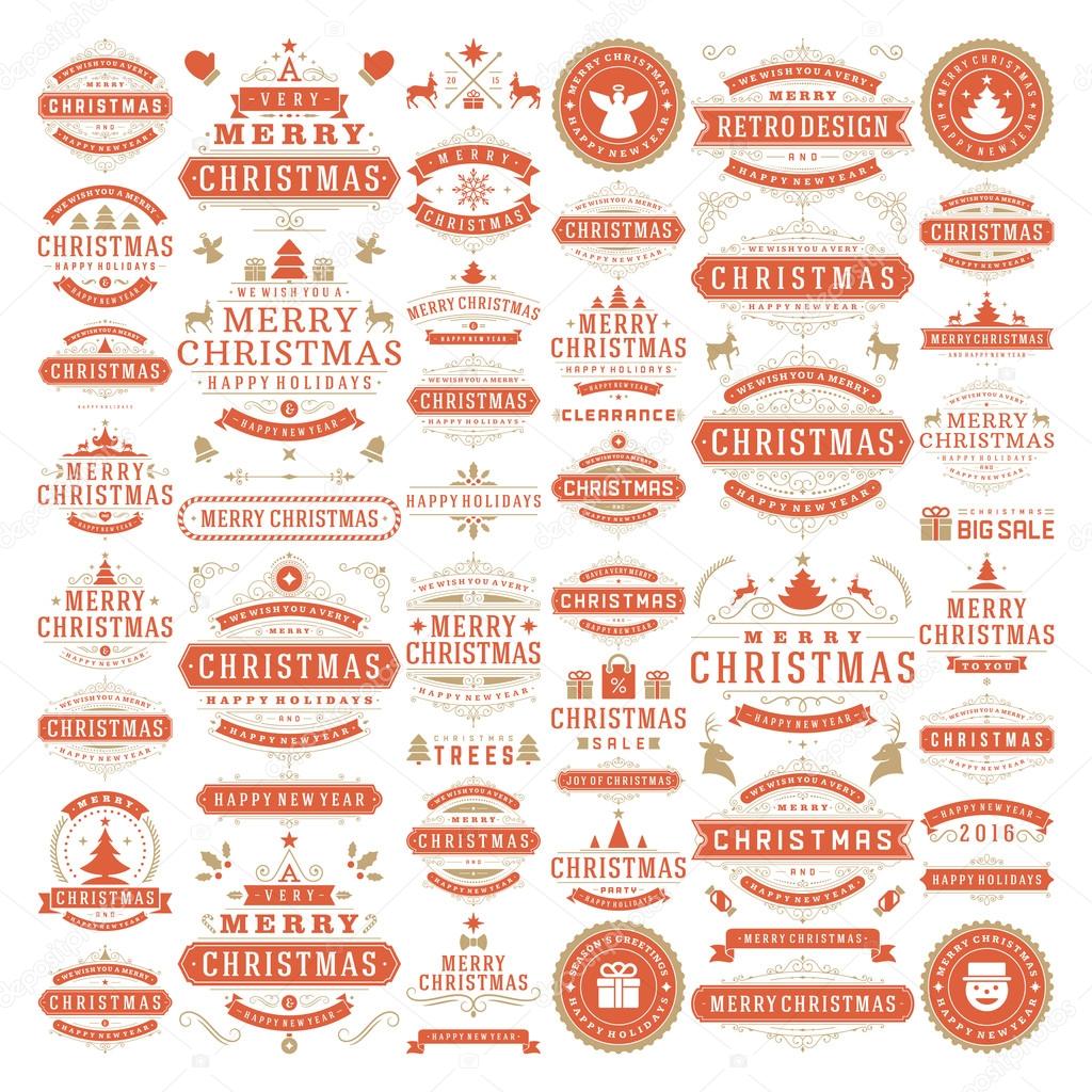 Christmas decorations vector design elements. Typographic messages, vintage labels, frames ribbons, badges logos, ornaments set. Flourishes calligraphic. Big Collection