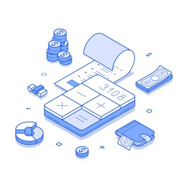 Bir hesap makinesi, nakit, banknot ve izometrik tarzda düzenlenmiş bozuk paralar da dahil olmak üzere çeşitli finansal unsurlar. Belgede bütçe ve muhasebe gibi finansman temaları vurgulanıyor. Modern çizgi vektör illüstrasyonu