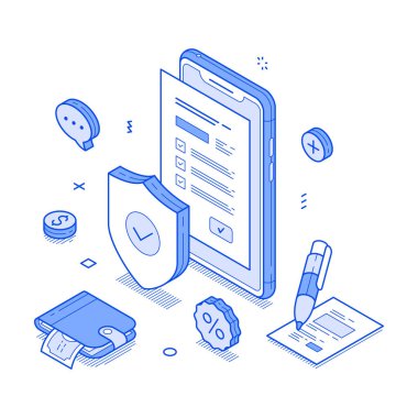 Akıllı telefonu çevreleyen dijital cihazlar ve simgeler, sigorta ve finans hizmetleri kavramını modern bir ortamda göstermektedir. Modern izometrik çizgi vektör çizimi