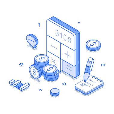 İzometrik çizgi çizimi, madeni paralar ve not defteriyle çevrili bir hesap makinesi tasvir eder. Modern bağlamda para sayma ve finansal hesaplamalar yapma eylemini gösteriyor..