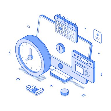 Bir saat, takvim, dizüstü bilgisayar, akıllı telefon ve yapışkan notlar da dahil olmak üzere zaman yönetimi araçlarını gösteren modern bir izometrik illüstrasyon, teslim tarihlerini karşılamanın önemini vurguluyor