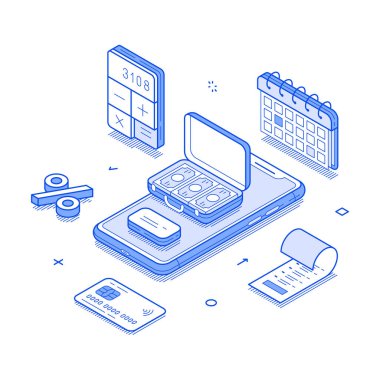 Modern işletmeler için tasarlanan çevrimiçi krediler, kredi kartları ve dijital bankacılık araçları da dahil olmak üzere ayrıntılı bir izometrik bilgi kabartma finans hizmetleri