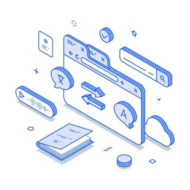 Etkileşimli elementlerle modern bir dil çeviri arayüzü gösteren parlak, izometrik bir vektör çizimi, teknolojiyle ilgili bilgi ve iş sunumları için mükemmel